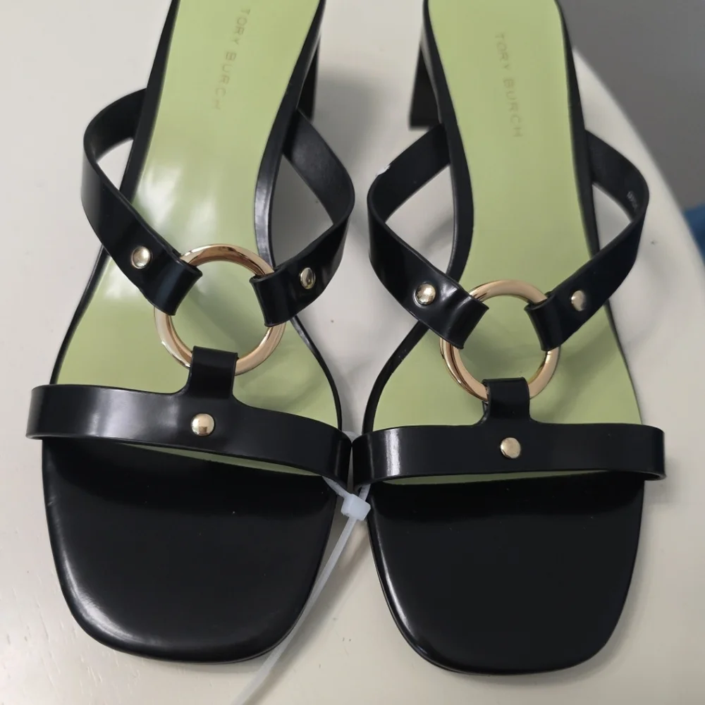 Tory Burch Ring Heel Sandal Leather Block Heel Black Mint Size 5.5